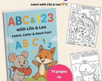 Può includere: Un libro di attività per bambini intitolato "ABC & 123 con Lilo & Leo" con una copertina azzurra. La copertina presenta un topo dei cartoni animati con una mela e una volpe con uno zaino. Include pagine da colorare.