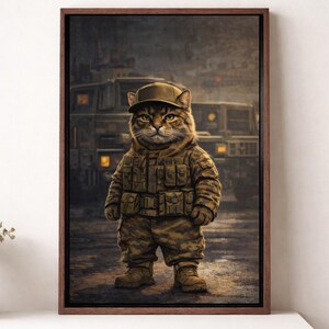 Könnte beinhalten: Gerahmter Leinwanddruck mit einer Katze in militärischer Tarnkleidung, einschließlich Kappe, Jacke und Hose. Die Katze steht vor einem Militärfahrzeug mit ernstem Gesichtsausdruck. Das Kunstwerk ist in einem realistischen, detaillierten Stil gehalten.