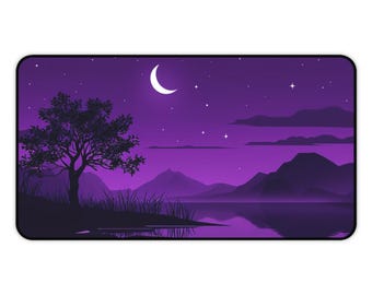 May include: A rectangular mouse mat with a tranquil night scene. The design depicts a purple sky with a crescent moon, stars, and silhouetted mountains. A tree and grass are in the foreground, with a lake reflecting the scene.