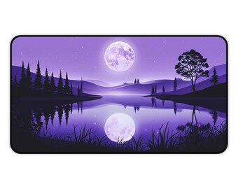 May include: A purple mouse mat depicting a tranquil landscape with a full moon reflected in a lake. The scene includes silhouetted trees, rolling hills, and a starry sky, creating a peaceful atmosphere.