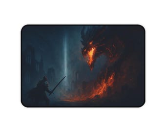 May include: A rectangular mousepad featuring a fantasy scene of a knight facing a fiery dragon. The artwork depicts a dark, ominous environment with a dramatic clash of light and shadow, and a fiery glow.
