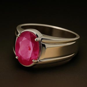 May include: A silver ring with a large, oval-cut ruby gemstone. The ruby is a vibrant red color and is set in a polished silver band. The ring has a classic, elegant design.