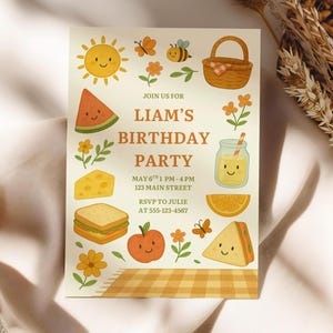 Backyard Picnic Birthday Invitation Template | Cute Fruit & Snack Kids Birthday Canva Editable Download | Summer Party Invite