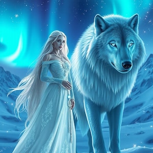Könnte beinhalten: Digitale Illustration einer Frau in einem hellblauen Kleid mit langen weißen Haaren, neben einem großen, weißen Wolf. Der Hintergrund zeigt eine schneebedeckte Landschaft und ein blaues Polarlicht.