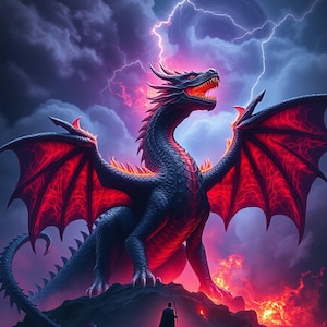 May include: A digital illustration of a black dragon with red wings, horns, and glowing eyes, set against a stormy sky with lightning. The dragon is perched on a rocky outcrop, with a silhouetted figure in the foreground.