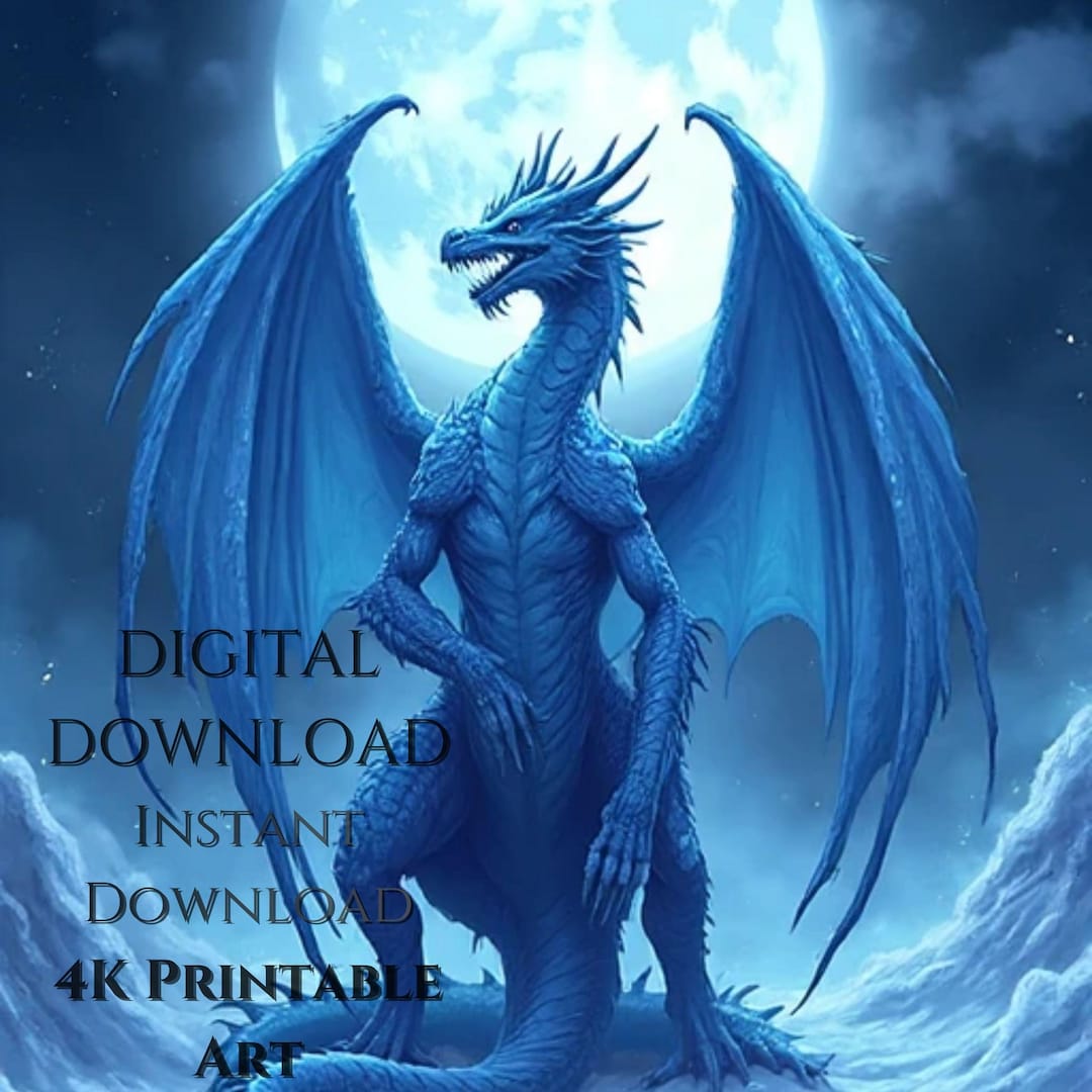 Blue Dragon Fantasy Wall Art – Digital Download, Ice Dragon Moon Art ...