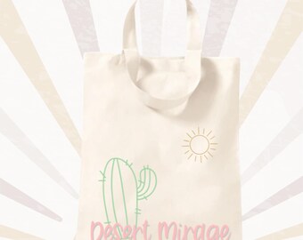 Canvas tote bag minimalistisch boho – cactus en zon print met tekst “Desert Mirage” – duurzame katoenen shopper bedrukt met HTV