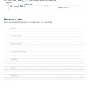 Op de afbeelding: Een witte pagina met instructies over het begrijpen van schrijflijnen. De tekst legt de boven-, midden-, basis- en descenderlijn uit. Er zijn opwarmstrokes om te oefenen, met voorbeelden van lettervormen.