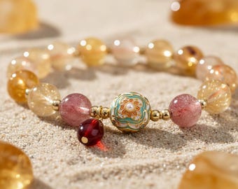 Golden Rutilated Quartz & Strawberry Quartz Bracelet - Guardian Collection | Healing Crystal Stretch