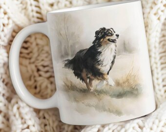 Regalo para dueños de pastores australianos, taza de acuarela de 325 ml y 400 ml, taza de café de cerámica, regalo para mamá de perro australiano, regalo conmemorativo de adopción de mascotas.