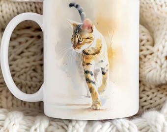 Regalo para dueños de gatos de Bengala, taza de acuarela, taza de café de cerámica, regalo para mamá gata, amante de los gatos de Bengala, recuerdo de mascotas, regalo de adopción de nueva mascota