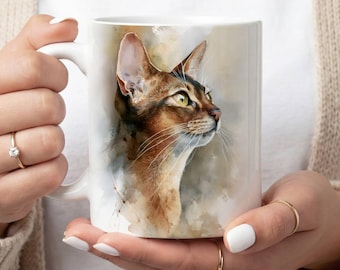 Taza con diseño de gato abisinio en acuarela, elegante taza de café abisinio, regalo para amantes de los gatos, dueño de un abisinio, taza conmemorativa de mascota, arte felino.