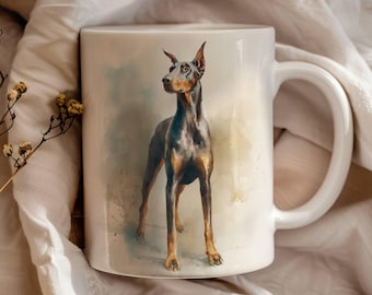 Taza de Doberman Pinscher, taza de café de acuarela, regalo para amantes de los perros, regalo para dueños de Doberman, artículos para beber conmemorativos para mascotas, regalo de agradecimiento para veterinarios.