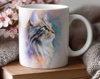 Taza de acuarela de gato del bosque noruego, taza de café de cerámica de 11 oz y 15 oz, regalo para mamá gata, amante de los gatos del bosque noruego, recuerdo de mascotas, agradecimiento veterinario