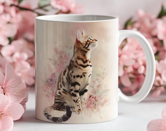 Regalo para dueños de gatos de Bengala, taza de acuarela de 11 oz y 15 oz, taza de café de cerámica, regalo para mamá gata, amante de los gatos de Bengala, recuerdo de mascotas, regalo de adopción de mascotas