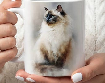 Taza con diseño de gato birmano, acuarela, regalo para amantes de los gatos birmanos, regalo para dueños de birmanos, taza conmemorativa para mascotas, taza de café con gatos