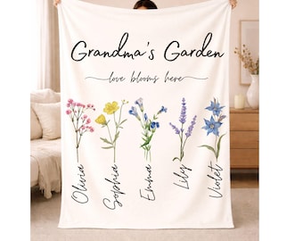 Manta personalizada para el jardín de la abuela, manta floral personalizada con los nombres de los niños, regalo para la abuela, la abuela mayor o la abuela mayor.