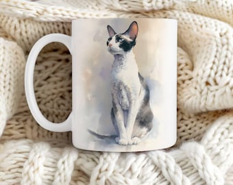 Taza de gato Devon Rex en blanco y negro, taza de café Devon Rex, regalo para amantes de los gatos rizados, taza conmemorativa para mascotas, regalo para dueños de Devon Rex, taza artística con gatos