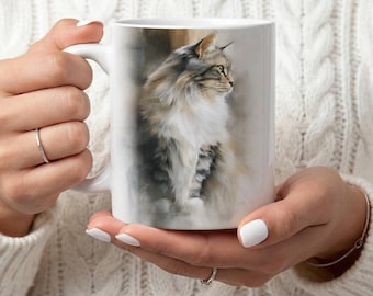 Taza con Gato del Bosque de Noruega - Retrato de mascota en acuarela