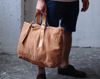 Artemis Leatherware Handmade Washed Out Leather And Canvas Tote Bag/ Shoulder Bag/ Travelling Bag
