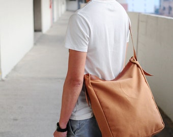 Handmade Brown Leather And Canvas Shoulder Bag/ Carry On Bag/ Tote Bag (SUMMER SALE)