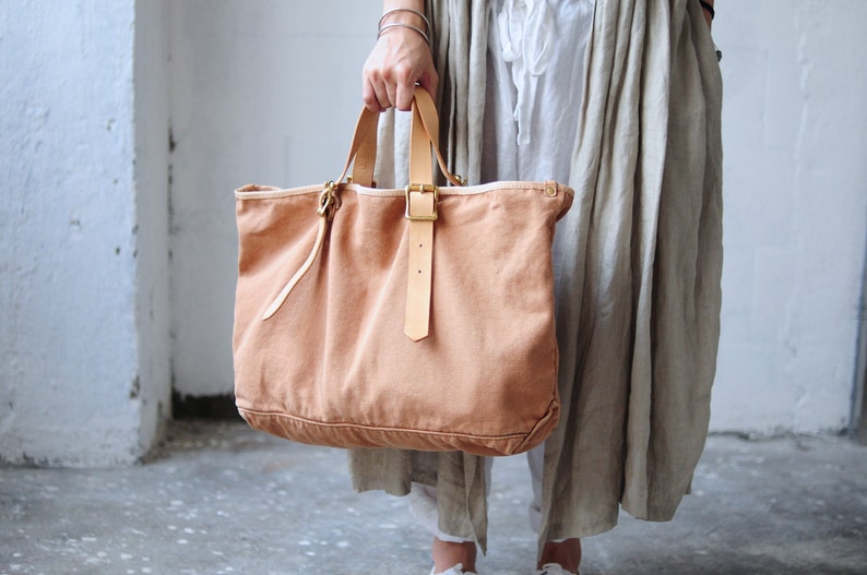 Artemis Leatherware Handmade Washed Out Leather And Canvas Tote Bag/ Shoulder Bag/ Travelling Bag image 3