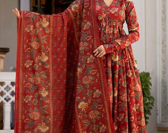 Red Floral Anarkali Design Cotton Kurti Set With Dupatta | Anarkali Indian Dress with Dupatta
