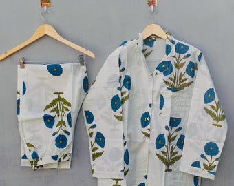 ブロックプリントコットンパジャマセット、ブルーフローラルパジャマ、インド製ハンドメイド