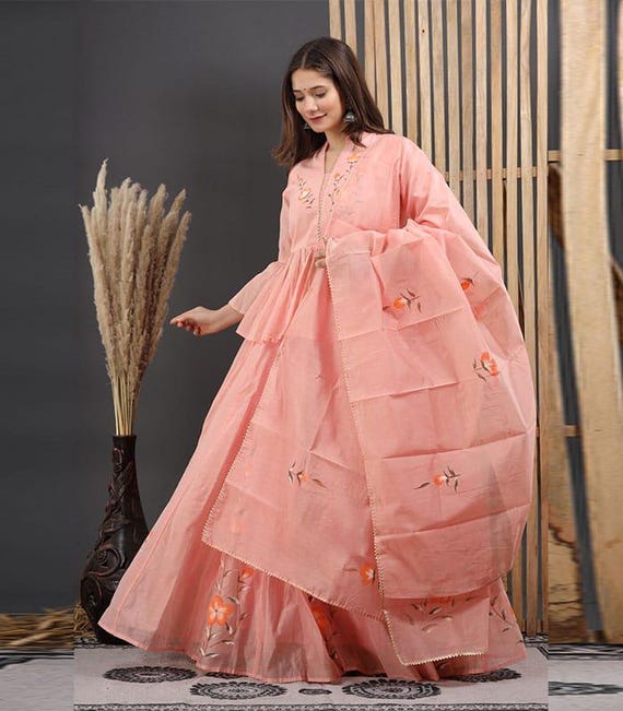 Peach Embroidered Anarkali Gown with Dupatta for Women | Ethnic Indian Party Wear Dress | Festive Wedding Outfit