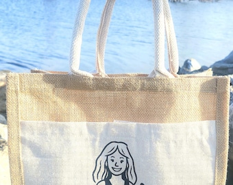 Jute Market Tote Bag with Dog and Cat Graphic (12"H x 12"W x 6"D)