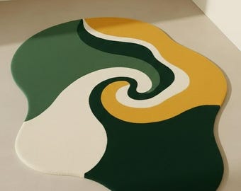 Irregular Shaped Wavy Area Rug, Retro 70s Swirl Carpet, Green and Mustard Abstract Rug, Funky Mid Century Modern Decor, Mid-Century Rug
