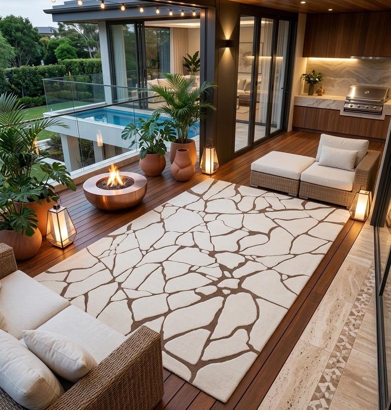 May include: A rectangular area rug featuring a cream-coloured background with a dark brown, irregular stone-like mosaic pattern. The rug is positioned on a wooden deck, surrounded by outdoor furniture, potted plants, and a circular fire pit.