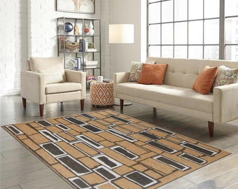 Geometric Block Area Rug, Mid Century Modern Abstract Carpet, Tan and Brown Retro Grid Rug, Handtufted Wool Living Room Mat, Luxery rug