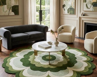Flower Shaped Area Rug, Green Floral Carpet, Retro 70s Botanical Decor, Sage Green 3D Tufted Wool Mat, Cottagecore Bedroom, 70s Floral rug