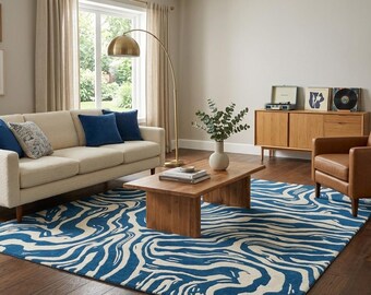 Abstract Blue Wavy Rug, Modern Marble Pattern Area Rug, Coastal Navy and Cream Handtufted Wool Carpet for Living Room, Urbanrugco