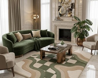 Sage Green Checkered Area Rug, Wavy Checkerboard Wool Carpet, Retro 70s Aesthetic Decor, Matcha Swirl Mat, Preppy Room Rug, Y2K Area Rug