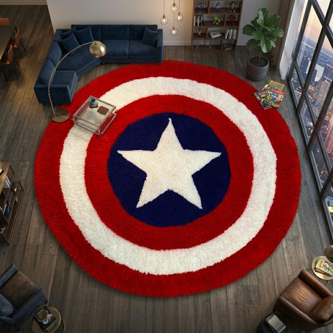Round Captain Shield Rug, Circle Pattern, Red Blue White Wool, Pop Art ...