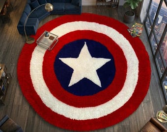 Round Captain Shield Rug, Circle Pattern, Red Blue White Wool, Pop Art Shag Texture, Kids Bedroom Game Room Decor, Superhero Starburst Rug