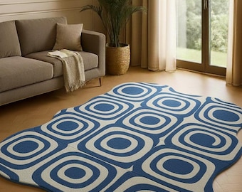 Irregular Shaped Retro Mod Area Rug, Mid Century Geometric Carpet, Navy Blue and Cream Wavy Tufted Wool Rug, Funky Room Decor Retro Wavy Rug