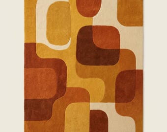 Retro 70s Abstract Geometric Rug, Mid Century Modern Area Rug in Mustard Yellow Orange, Handtufted Wool Custom Carpet for Living Room