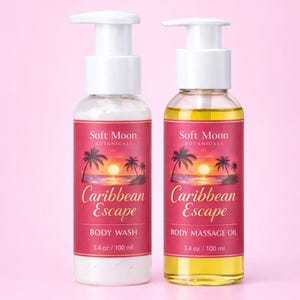 May include: Two bottles of Soft Moon Botanicals Caribbean Escape body products. One is a body wash, the other is body massage oil. Each bottle is 100 ml and features a sunset and palm tree design.