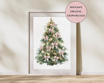 Rosa Schleife Weihnachtsbaum Print-Elegante Urlaub Wandkunst-Pastell Weihnachtsdekor-Girly Weihnachtsbaum Print-Coquette Weihnachtswandkunst