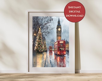 London Christmas Print-Holiday City Wall Art-London Big Ben Print-London Double Decker Bus Print-Festive City Wall Art-London Wall Art