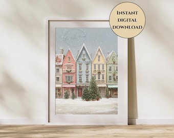 Weihnachtsdorf Druck-Pastell Weihnachtsdorf Druck-Rosa Weihnachtsdekor-Urlaub Dekor-Weihnachtshäuser Wand Kunst-Winter Dorf Wand Kunst
