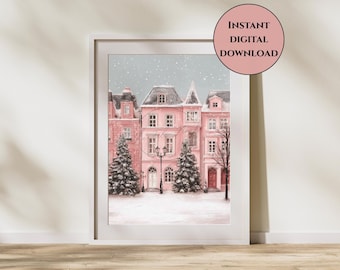Verschneite Häuser Wandkunst-Verschneite rosa Häuser Druck-Winterlandschaft Wandkunst-Weihnachtsdorf Druck-Pastell Urlaub Dekor-Rosa Weihnachtsdekor
