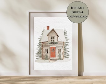 Weihnachten Cabin Print-Weihnachtswand Dekor-Gemütliche Hütte Wand Kunst-Urlaub Wand Dekor-Snowy Cabin Print-Block Cabin Print-Gemütliche Weihnachten Wand Kunst