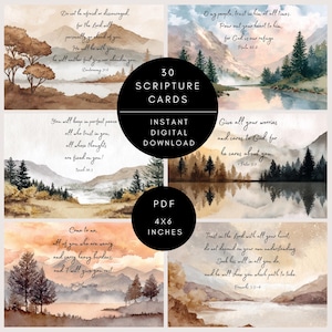 May include: Set of 30 scripture cards with watercolor landscape art. Each card features a different Bible verse and measures 4x6 inches. The cards are available as an instant digital download in PDF format.