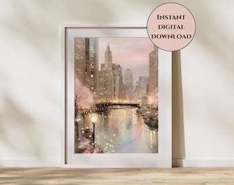 Chicago River Weihnachten Druck-Winter Chicago Druck-Pastell Chicago River Druck-Chicago River Wand Kunst-Rosa Stadtbild Wand Kunst-Chicago River