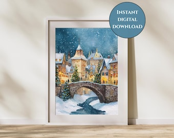 Cozy Winter Village Print-Snowy Christmas Print-Christmas Town Wall Art-Holiday Village Print-Winter Wonderland Print-Christmas Tree Print
