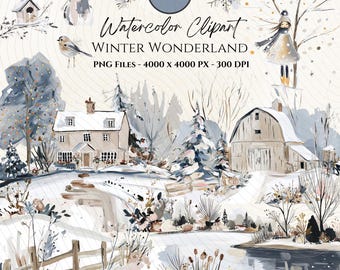 Winter Clipart Bundle-Winter Wunderland Clipart-Aquarell Winter Szenen-Gemütlicher Winter Clipart-Schnee Illustrationen-Winter Landschaft Clipart